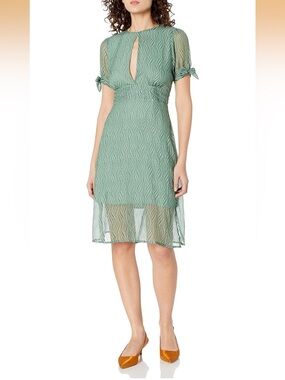 J.O.A. Sage Green Textured Party Dress Medium NWOT Sheer Sleeve Keyhole Dress